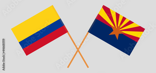 Crossed flags of Colombia and the State of Arizona. Official colors. Correct proportion