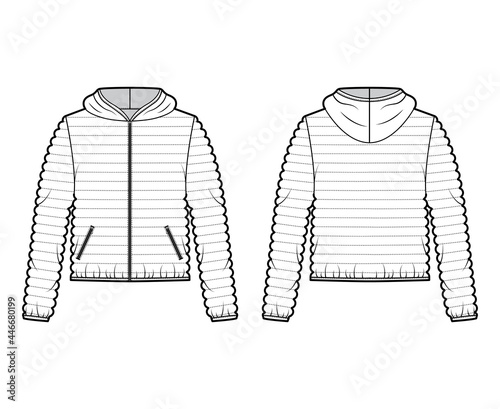 Hooded jacket Down puffer coat technical fashion illustration with long sleeves, zip-up closure, pockets, narrow quilting. Flat template front, back, white color style. Women men unisex top CAD mockup