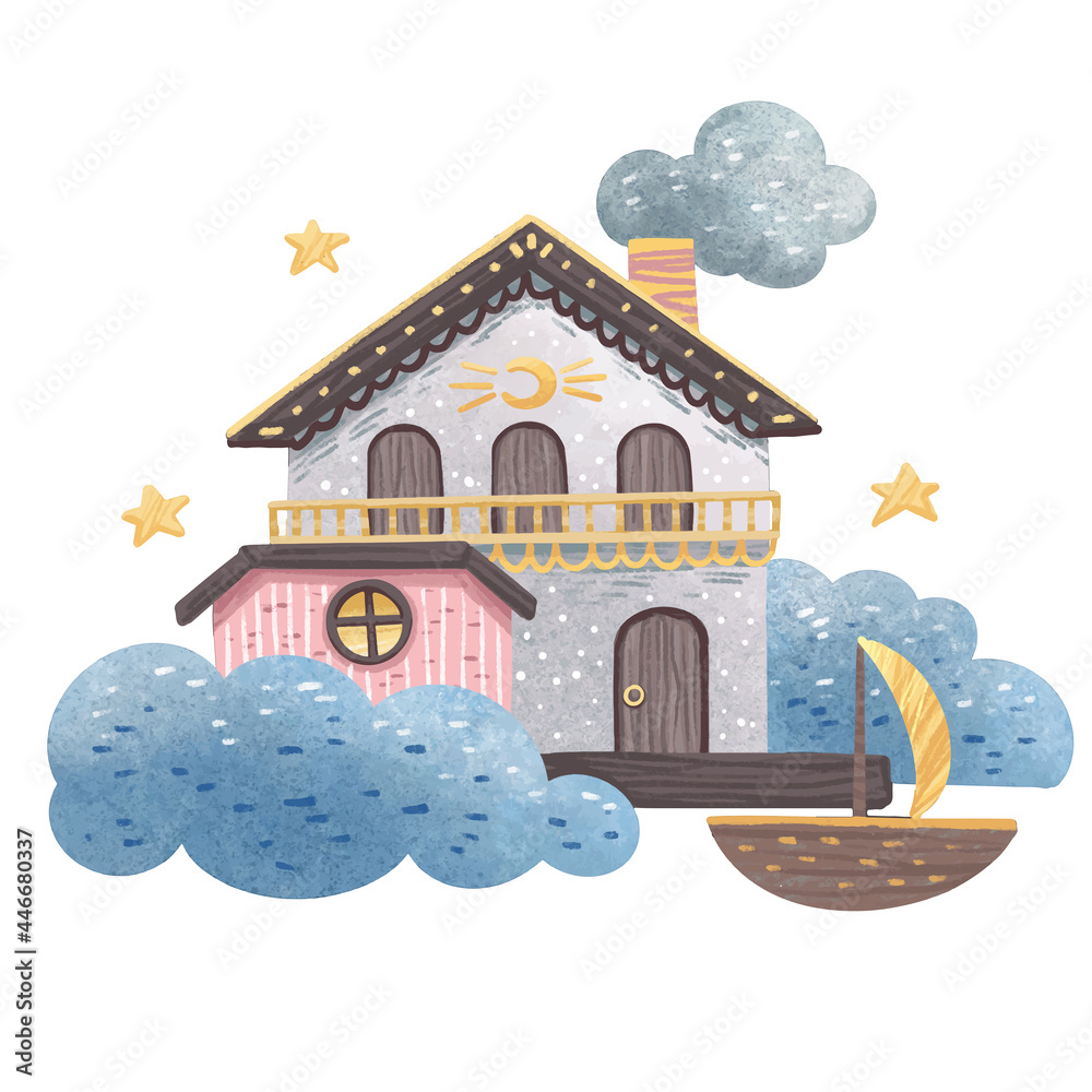 illustration of a dream house with clouds, stars, the moon, and a boat, for children for a good sleep
