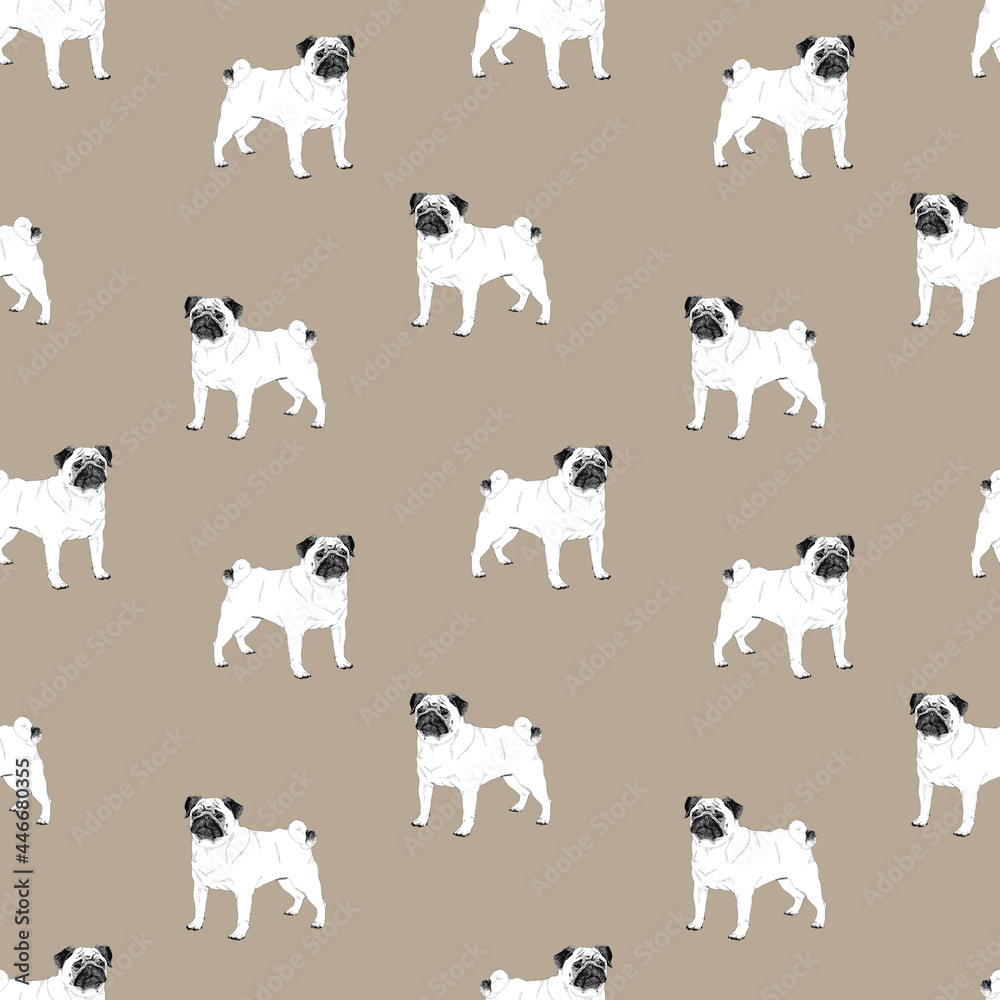 seamless pattern with white dogs of the pug breed on a beige background, drawing graphics seamless pattern with white dogs of the pug breed on a beige background, drawing graphics