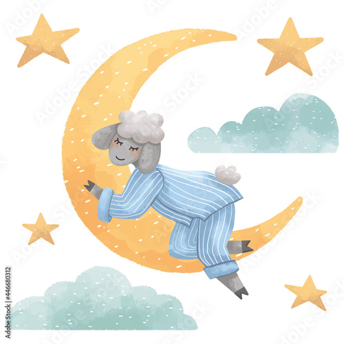 a set of Illustrations of a lamb boy sleeping on the moon next to clouds and stars for children at night for a good sleep