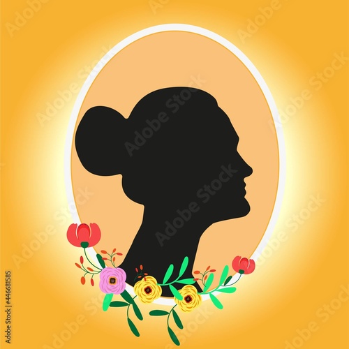 silhouette of a girl in a gold frame with flowers