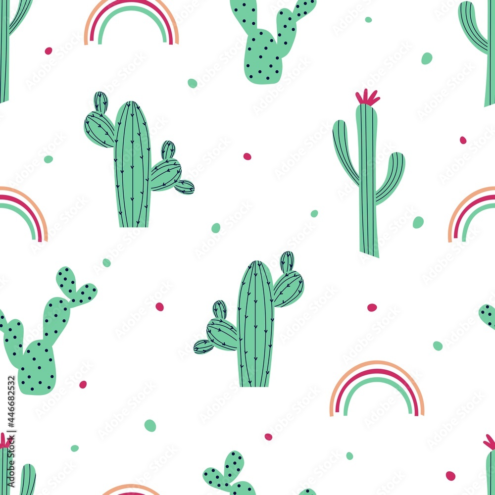 Obraz premium Seamless pattern with cactus and rainbow. Green cacti on a white background. Flat vector illustration.