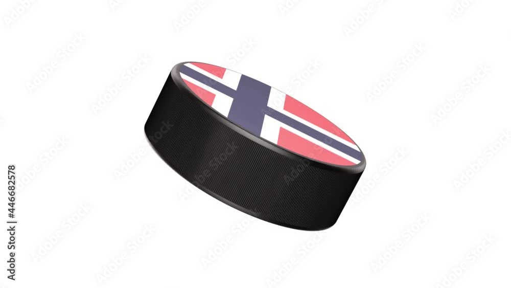 Realistic looping 3D animation of the Norway national flag label ice hockey puck rendered in UHD with alpha matte Realistic looping 3D animation of the Norway national flag label ice hockey puck rendered in UHD with alpha matte