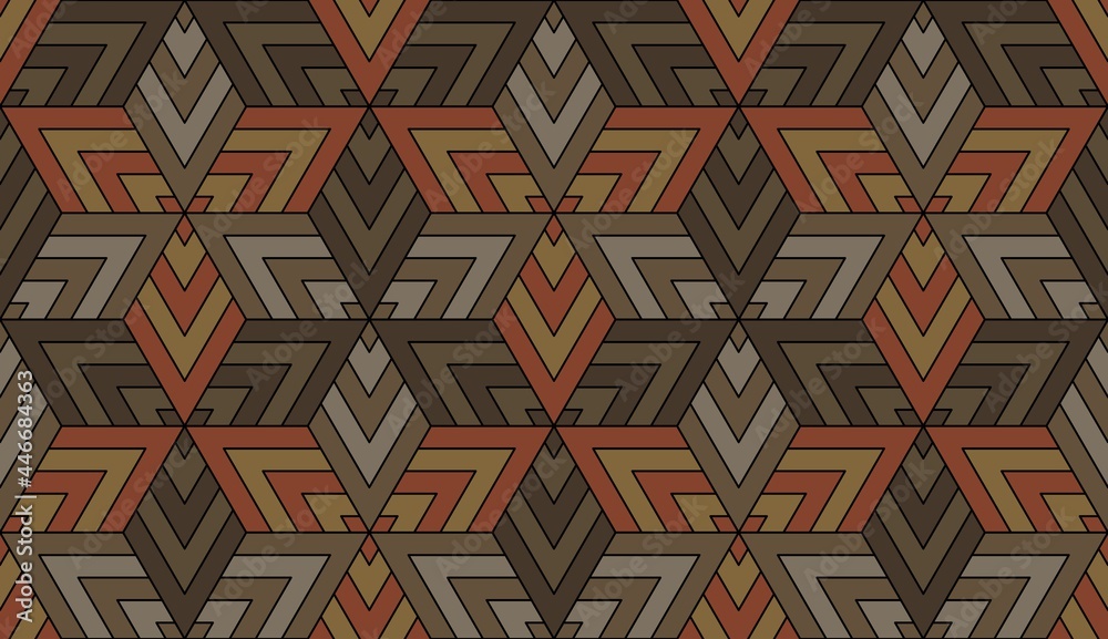 Triangles. Seamless 3D pattern. Optical illusions. Op Art. Template for fabric or wrapping. Khaki-coloured. Modern textile. Geometric. Stylish background. Wallpapers. Pastel colors. 3D Tiles.
Triangles. Seamless 3D pattern. Optical illusions. Op Art. Template for fabric or wrapping. Khaki-coloured. Modern textile. Geometric. Stylish background. Wallpapers. Pastel colors. 3D Tiles.