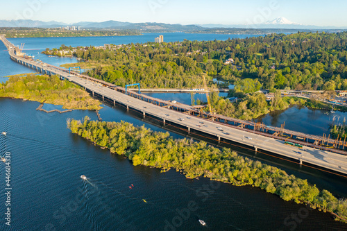 Drone View of the Highway 520 Floating Bridge that Connects Bellevue to Seattle photo