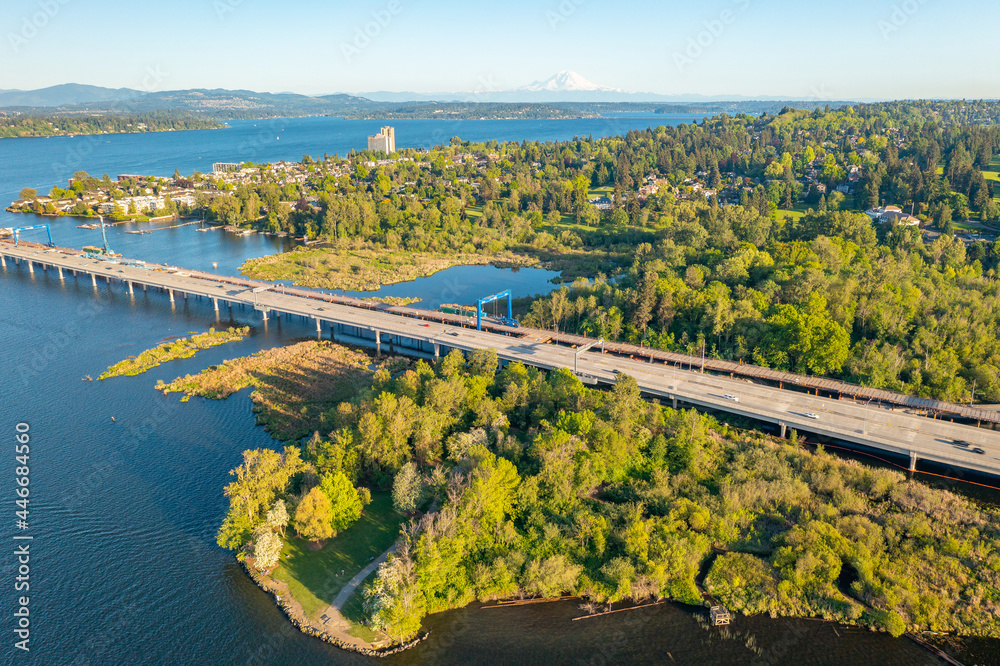 Fototapeta premium Drone View of the Highway 520 Floating Bridge that Connects Bellevue to Seattle