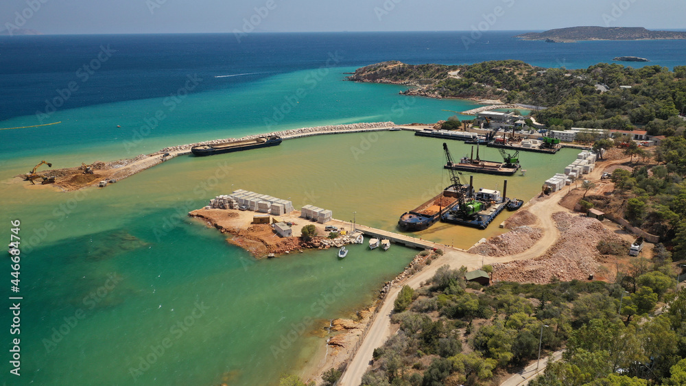 Aerial drone photo of under construction Marina of Astir beach or Asteras in Vouliagmeni area, Athens riviera, Attica, Greece