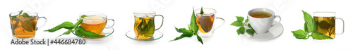 Set with aromatic nettle tea in glass cups on white background. Banner design