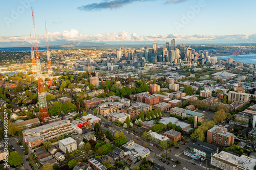 Drone Aerial Footage of Seattle Skyline from Queen Anne Neirghborhood