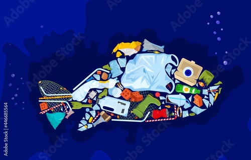 Save the ocean. Different waste polluting sea and beach.