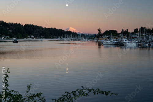 Mount Rainier and Moon Reflecting over Gig Harbor Sunset photo