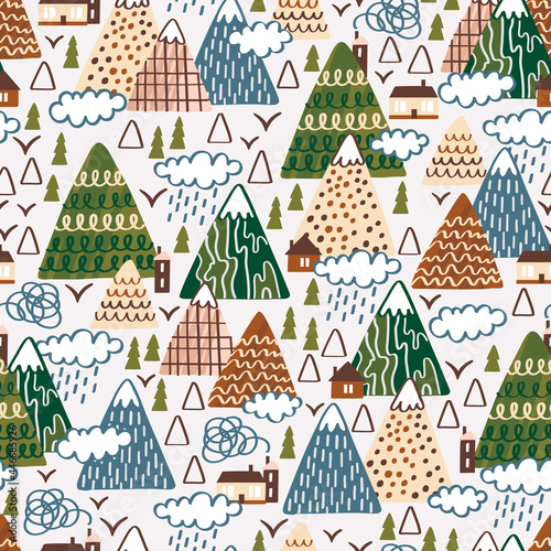Seamless pattern with houses,trees and mountains. Scandinavian landscape. Childish graphic. Vector hand drawn illustration.