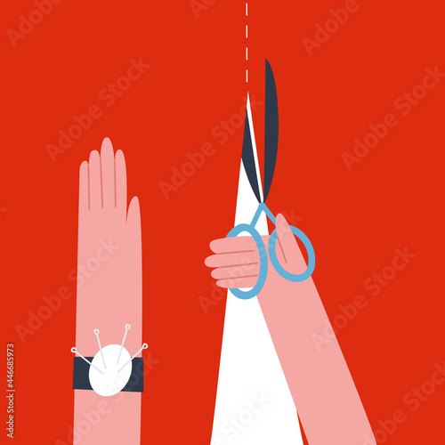 A hand with scissors cuts fabric along a dotted line.  Flat vector illustration.