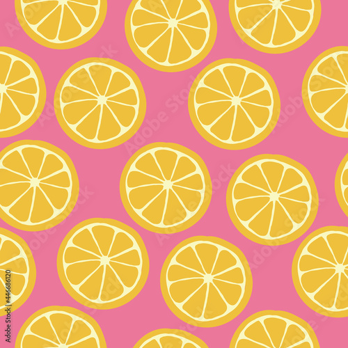 A simple pattern of oranges. Pink background, juicy orange slices circles. The print is well suited for textiles, Wallpapers and banners.