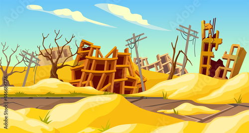 Destroyed buildings after sandstorm, earthquake, storm, tornado, natural disaster. Derelict broken houses in desert. Cartoon game landscape with mountains of sand.