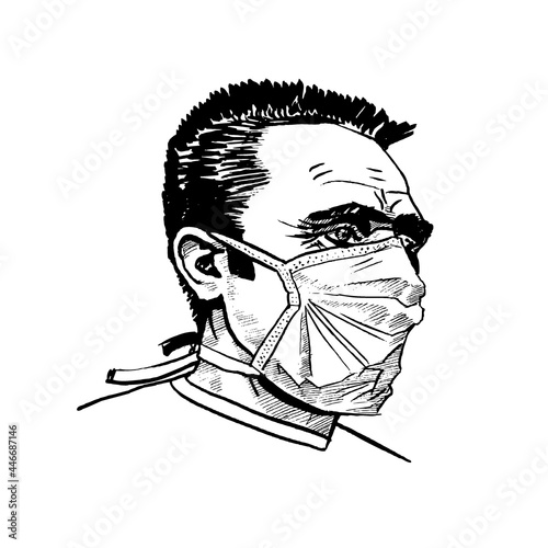 Man in medical masks. Isolated graphic sketch of people on white background
