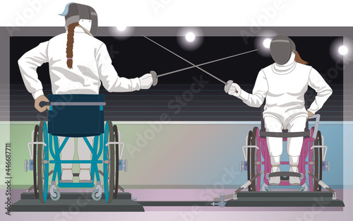 para sports paralympic fencing, physical disabled female fencers sitting in wheelchair en garde position, with indoor stadium in background