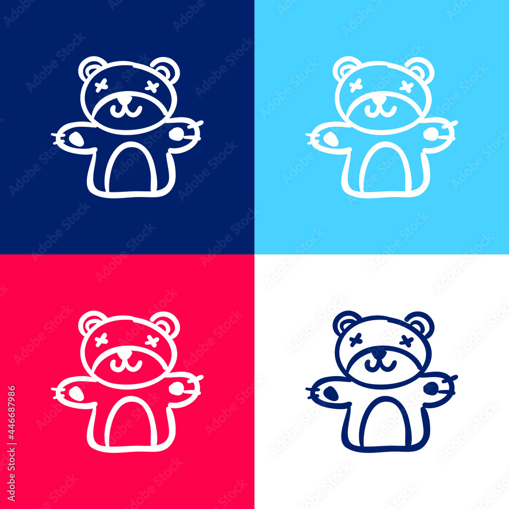 Bear Hand Drawn Animal Toy blue and red four color minimal icon set