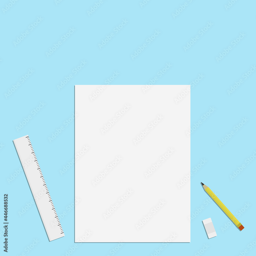 white sheet with eraser pencil and ruler on light blue background