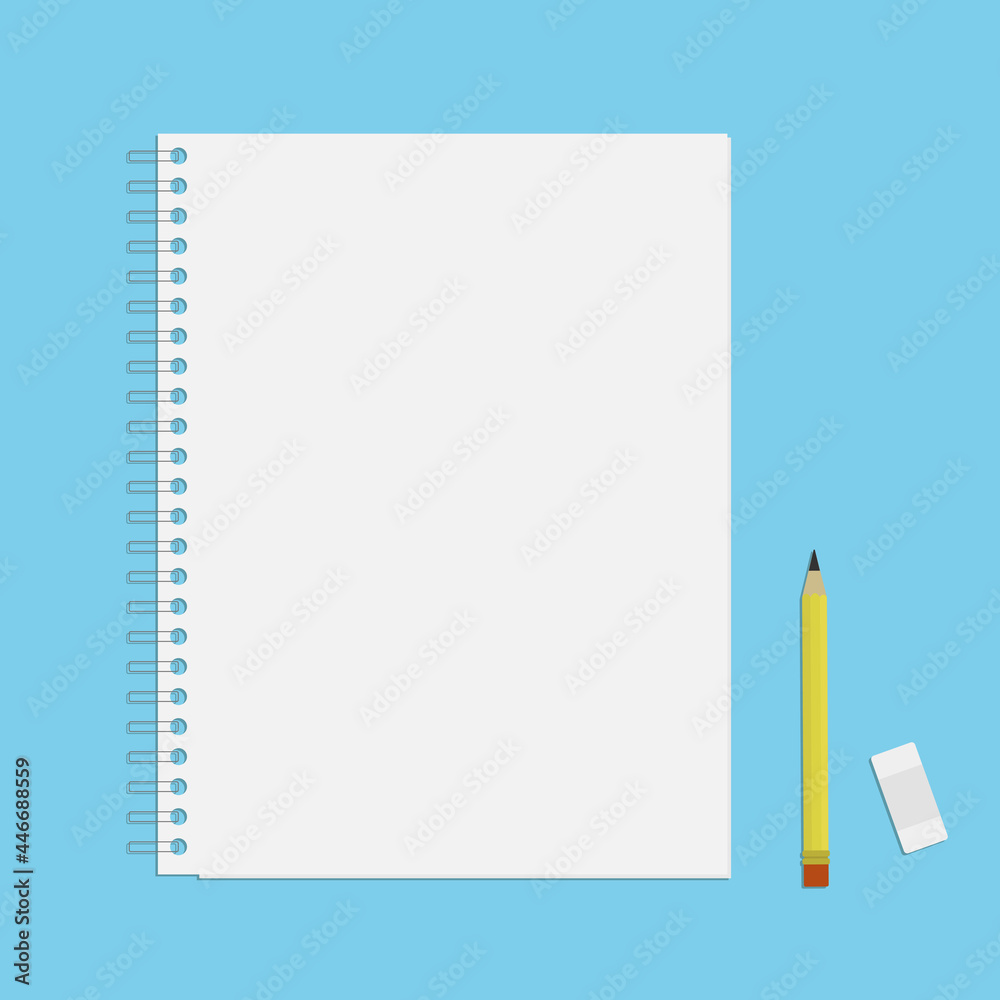 Fototapeta notepad with pencil and eraser on light blue background