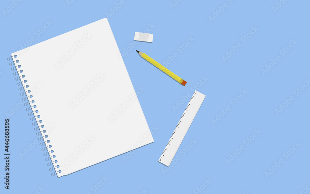 notebook with eraser pencil and ruler on light blue background notebook with eraser pencil and ruler on light blue background
