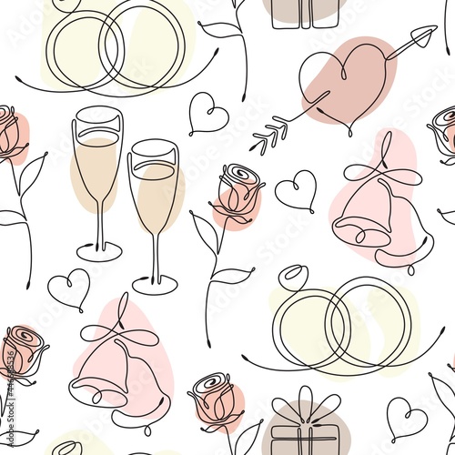 Seamless pattern with single line drawing of romantic symbols. Rose, hearts, bells, wedding rings, wine glasses, gift box Pastel color spots on background Decor for Wedding and Valentines day Vector