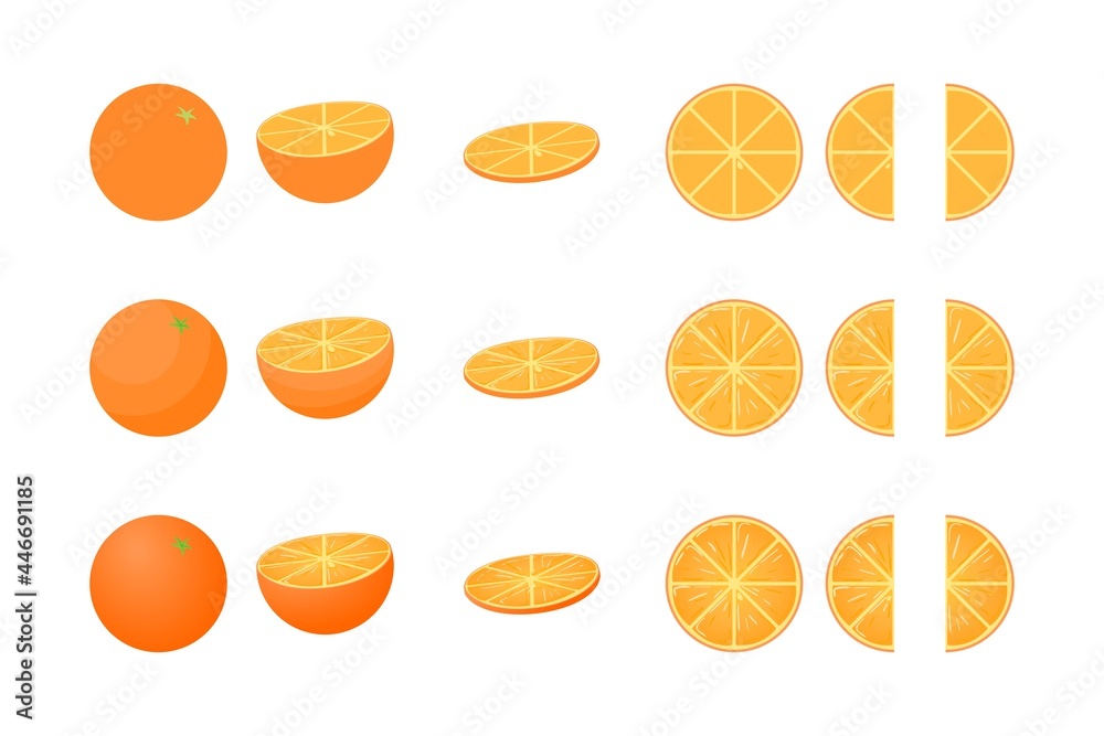 Orange set (whole orange, half and sliced) in three different styles (minimalistic, detailed and detailed with a gradient)