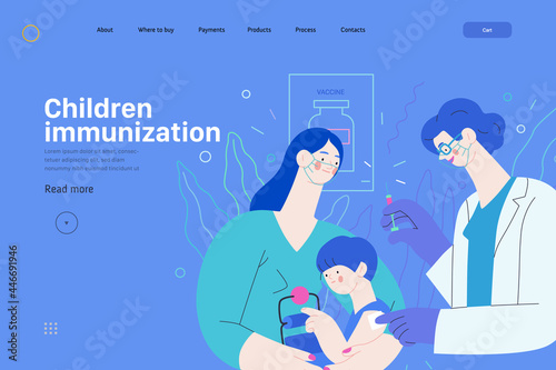 Childhood immunization - medical insurance web template. Modern flat vector