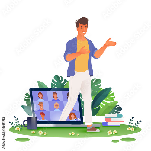 Man coming out from virtual video conference app. Working and learning anywhere concept. Vector illustration.