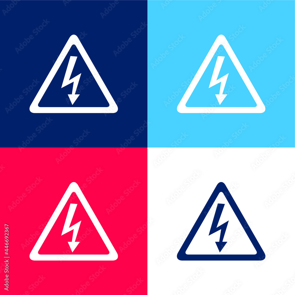 Arrow Bolt Signal Of Electrical Shock Risk In Triangular Shape blue and red four color minimal icon set Arrow Bolt Signal Of Electrical Shock Risk In Triangular Shape blue and red four color minimal icon set