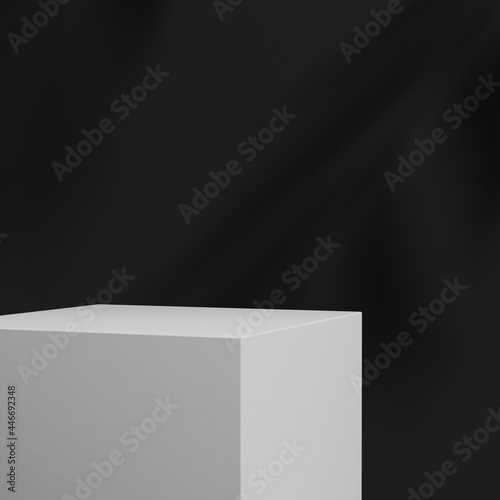Minimal white stage mock up on a black background. Pedestal for display. Empty product backdrop. 3d render illustration © Andre