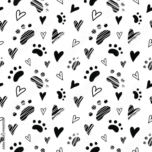 Animal cat paws and heart pattern seamless