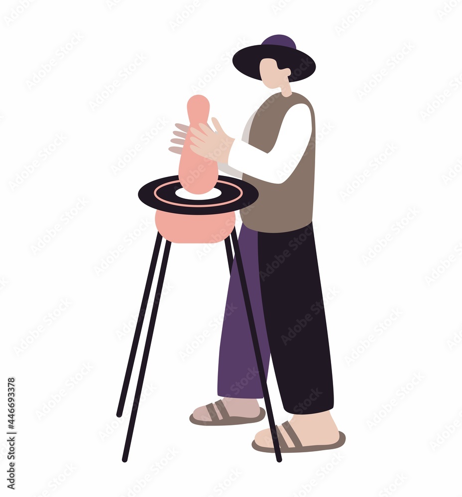 Potter at work, vector illustration. A man in a hat and slippers. Farmer artisan. With your own hands, a factory, a manufactory. Handmade. Master Class. Potter at work, vector illustration. A man in a hat and slippers. Farmer artisan. With your own hands, a factory, a manufactory. Handmade. Master Class.
