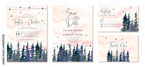 wedding invitation set with watercolor pine trees