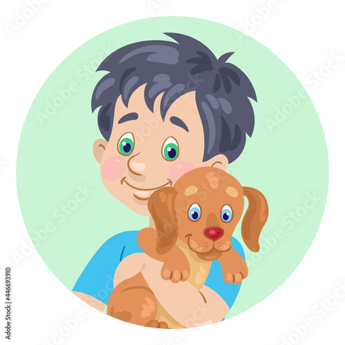 Avatar icon of a funny little boy with a cute puppy in his hands. In the green circle. In cartoon style. Isolated on white background. Vector flat illustration.