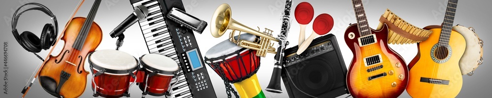 Complementary Instruments Music wide panorama collage banner of various musical instruments. Guitar ...