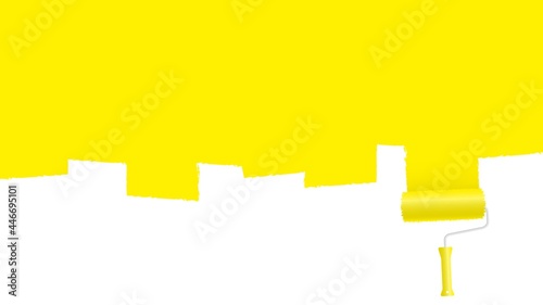 Paint roller paints yellow surface banner. Creative wall painting in home and office renovation. Abstract picture art of trendy vector impressionism