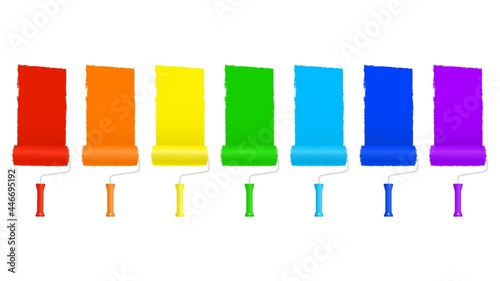 Iridescent paint rollers dyeing template. Colorful brush banners for creative interior decor. Bright mood of home color vector renovation.