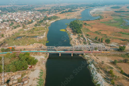 Aerial view of Samastipur township along Burhi Gandak River with Old Budhi bridge, Bihar, India. photo