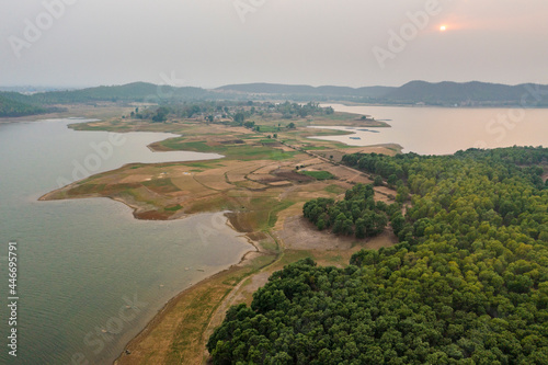 Aerial view of a lagoon shoreline at Tilaya Dam Reservoir in Poraia, Jharkhand, india. photo