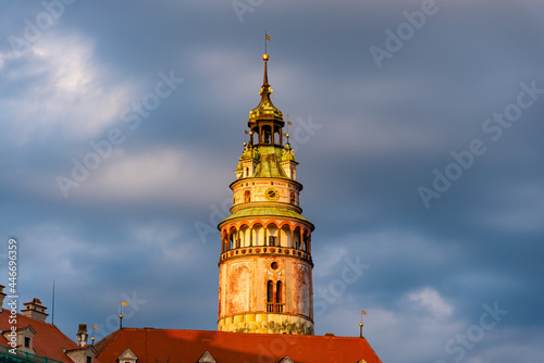 Colorful and ornamental Tower of Cesky Krumlov Castle. Cesky Krumlov, Czech Republic. photo