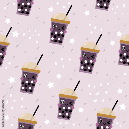 Bubble milk tea seamless pattern. Cute childish print. Vector hand drawn illustration.