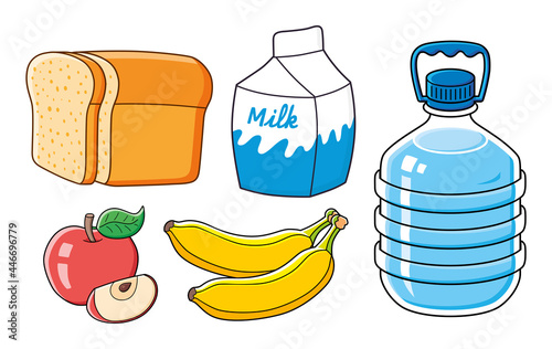 Half a loaf of bread, milk carton box, apple fruit with slice, two bananas and big water bottle isolated, grocery food cartoon icons.