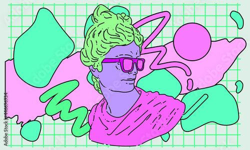 Apollo Belvedere wearing sunglasses. Vector illustration in vaporwave pop art style. photo