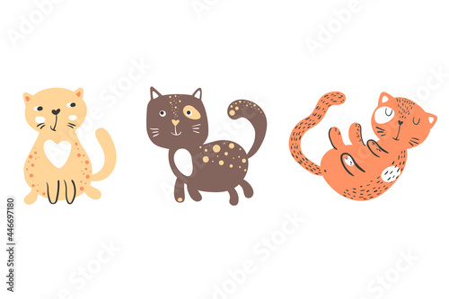 Set of three cute cats in scandinavian style. Yellow, brown and red cats. Kitten in different poses. Funny hand drawn animal illustration. For kids design, posters and prints © Tatiana