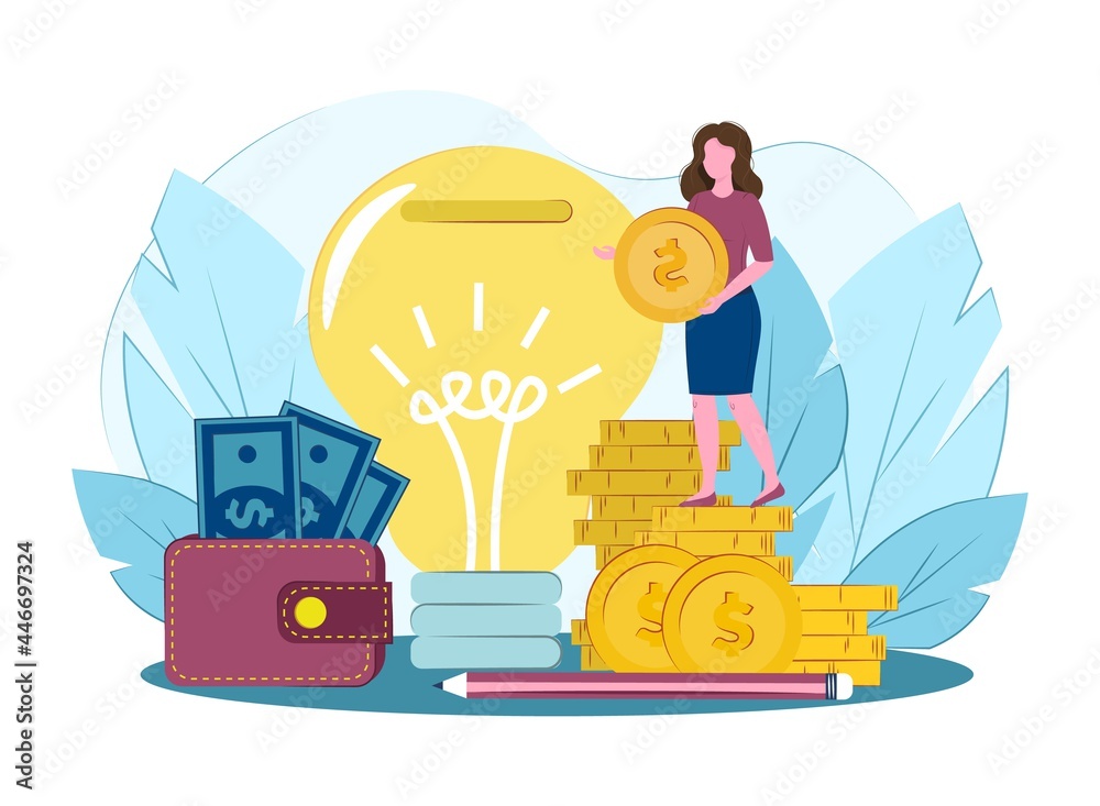 concept of financial contribution to innovation. Venture capital, investment, financing, big profit, gold coins, startup, money growth. Vector flat illustration.Business woman invests in new idea. 