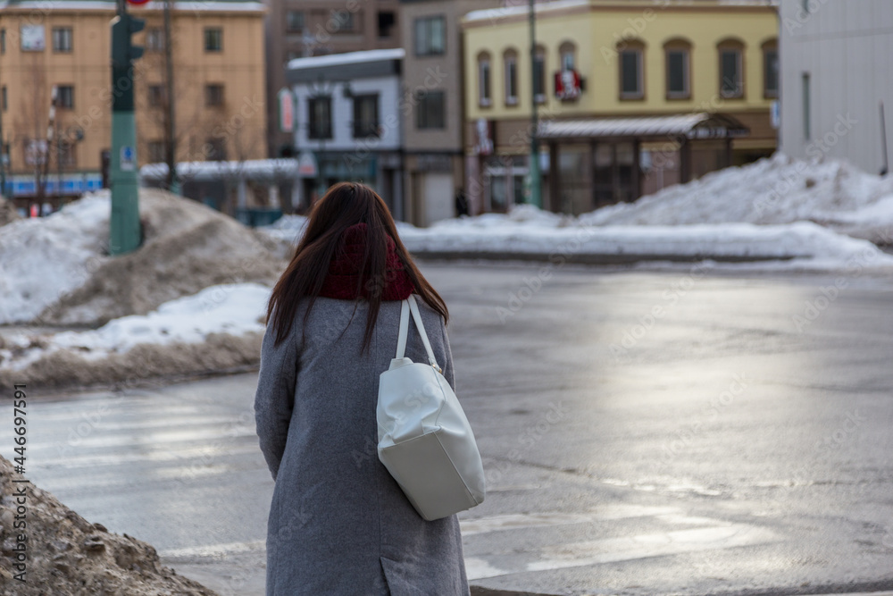 Unidentified pedestrians walk in otaru city in winter season and road all cover by snow in Otaru City, Hokkaido Japan. Unidentified pedestrians walk in otaru city in winter season and road all cover by snow in Otaru City, Hokkaido Japan.