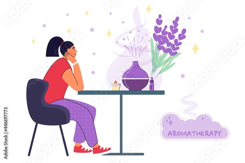 Decorative ultrasonic home diffuser and lavender flowers for meditation and freshness at home Aromatherapy Concept of a home spa and wellness space Vector illustration Woman using an aroma diffuser