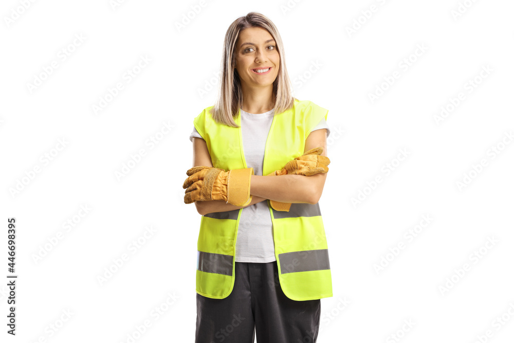 Female waste collector in a uniform and gloves Female waste collector in a uniform and gloves